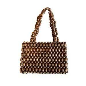 Vintage Walborg Hand Beaded Brown Shoulder Bag Purse Japan 60s Ball Wood